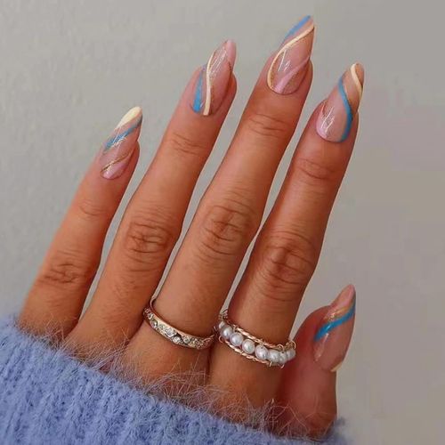24 Pièces Swirl Amande Faux Ongles Court, Rainbow French Press On Nails Courts Avec Wavy, Ovale Faux Ongle Avec Colle Pour Femme Et Fille, Faux Ongles À Coller Nail Art 