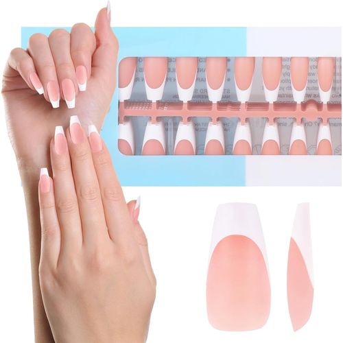 240 Pièces Faux Ongles En Gel Français, Long Cercueil Faux Ongles À Pointe Française Press On Nails, Faux Ongles Artificiels Capsules, 3 En 1 X-Coat Tips French Nail Art Pour Femmes Filles, Brun 