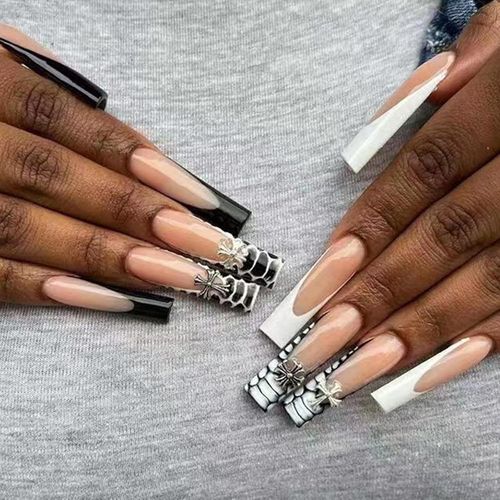 24 Pièces Faux Ongles Long, Noir Et Blanc French Press On Nails Courts Avec Spider, Nude Coffin Faux Ongle Avec Colle Pour Femme Et Fille, Ballerina Faux Ongles À Coller Nail Art 