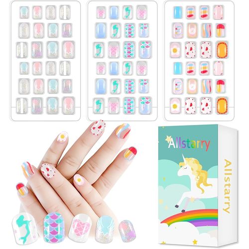 Lot De 72 Faux Ongles Pour Enfants, Pré-Collés, Couverture Complète, Coques De Sirène, Couleur Unie, Courts, Joli Cadeau Pour Enfants, Petites Filles, Décoration Nail Art ¿ Océan Bleu 