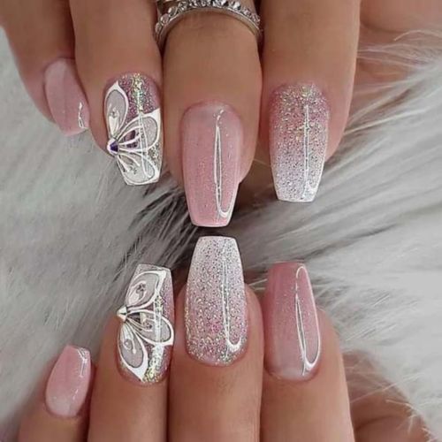 24 Pcs Blanc Coffin Faux Ongles Moyen,Pink French Press On Nails Avec Papillon Motif,Glossy Cercueil Faux Ongle Avec Colle Pour Femme Et Fille,Ballerine Faux Ongles À Coller Nail Art 