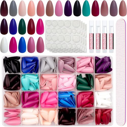 576 Pcs Mat Amande Faux Ongles Kit Court,24 Color Uni Press On Nails Motif,Ovale Faux Ongle Moyen Pour Femme Et Ado,Almond Faux Ongles À Coller Nail Art 