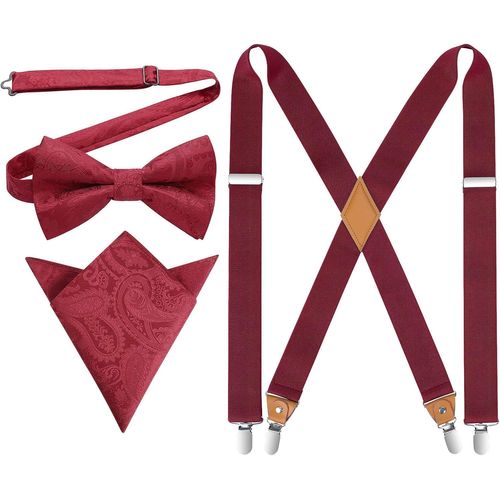Men's Braces With Very Strong 4 Clips Heavy Duty X Style Suspenders Adjustable Pre-Tied Bow Tie With Pocket Square Set""},""Additionalweblabs"".[M658]
