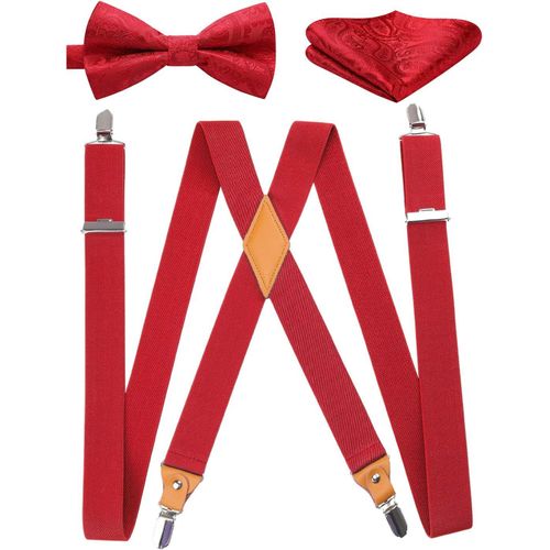 Men's Braces With Very Strong 4 Clips Heavy Duty X Style Suspenders Adjustable Pre-Tied Bow Tie With Pocket Square Set""},""Additionalweblabs"".[M660]