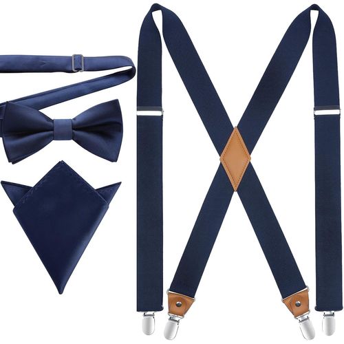 Men's Braces With Very Strong 4 Clips Heavy Duty X Style Suspenders Adjustable Pre-Tied Bow Tie With Pocket Square Set""},""Additionalweblabs"".[M653]
