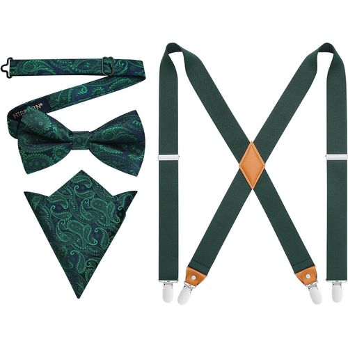 Men's Braces With Very Strong 4 Clips Heavy Duty X Style Suspenders Adjustable Pre-Tied Bow Tie With Pocket Square Set""},""Additionalweblabs"".[M655]