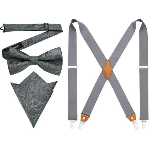 Men's Braces With Very Strong 4 Clips Heavy Duty X Style Suspenders Adjustable Pre-Tied Bow Tie With Pocket Square Set""},""Additionalweblabs"".[M656]