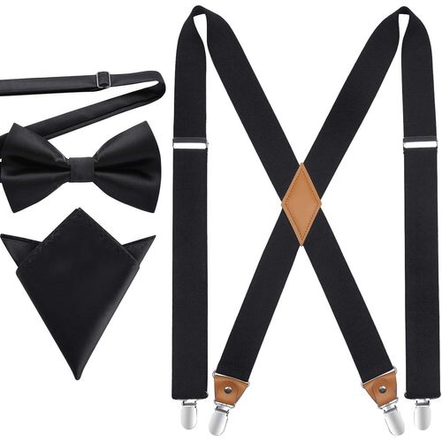 Men's Braces With Very Strong 4 Clips Heavy Duty X Style Suspenders Adjustable Pre-Tied Bow Tie With Pocket Square Set""},""Additionalweblabs"".[M661]