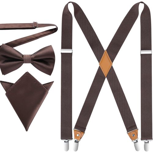Men's Braces With Very Strong 4 Clips Heavy Duty X Style Suspenders Adjustable Pre-Tied Bow Tie With Pocket Square Set""},""Additionalweblabs"".[M657]