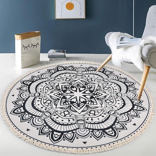 Tapis Rond Avec Motif De Tissage À Pampilles, Tapis Rond En Coton Antidérapant Lavable, Tapis Tissé Petit Tapis Rond Pour Le Balcon De La Chambre Des Enfants Du Salon (Tapis Rond 120 Cm)