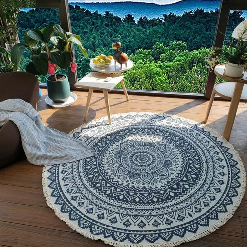 Tapis Rond En Toile De Jute Lavable - Tapis Vintage Avec Pompons - Tapis Intérieur Lavable - Pour La Maison, La Cuisine, Le Salon, La Chambre À Coucher - Bleu - 60 × 60 Cm - 3060