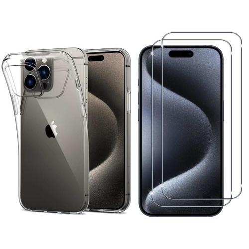 Coque Silicone Souple Transparente Et 2 Verres Trempés 2.5d Pour Iphone 15 Pro - Toproduits®