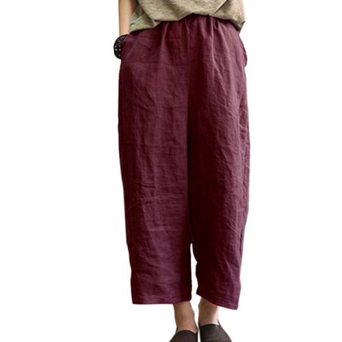 Femmes Vintage Coton Solide Taille Haute Pantalon De Jambe Dames Decontracte Lache Taille Elastique A La Cheville Long Pantalon Violet Xl