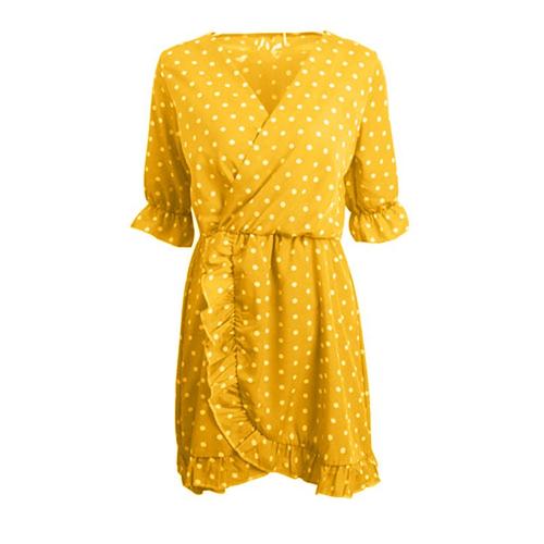 Femmes Manche Moyenne Polka Point Imprimer Midi Robe Sexy Volants A Col En V Robe Courte Ete Occasionnel Robe De Plage Jaune Xl