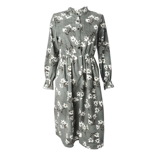 Femmes Robes Imprimees A Manches Longues Velours Elastique Taille Haute Robe Vintage Style A-Ligne Gris 1 Xl