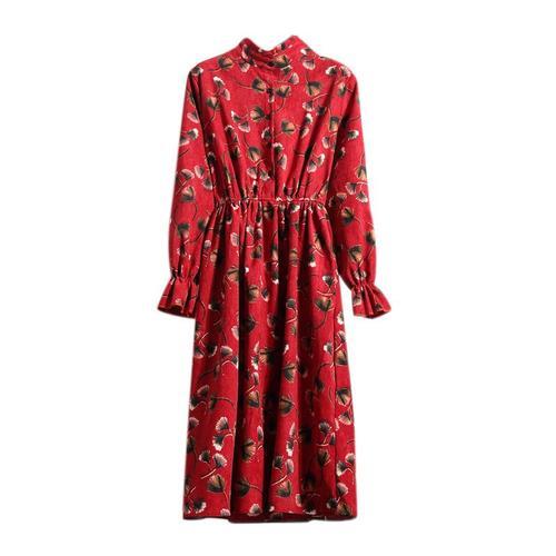 Femmes Robes Imprimees A Manches Longues Velours Elastique Taille Haute Robe Vintage Style A-Ligne Rouge 5 S