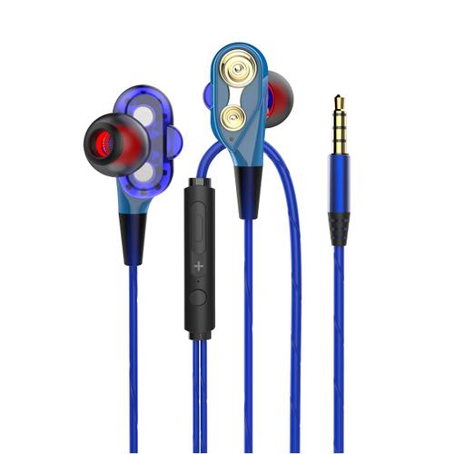 Ecouteur filaire Ecouteurs intra-auriculaires stereo HIFI 3,5 mm a double entrainement d'isolation de bruit super bass avec microphone Ecouteurs d'ordinateur pour telephone sport bleu