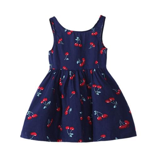 Robe D'été Pour Filles Robe De Fille Ligne A O-Cou Manches Courtes Cerise Imprimer Décoration Arc Dos Princesse Robes Mignonnes Vêtements D'enfant En Bas Âge Bleu Royal100