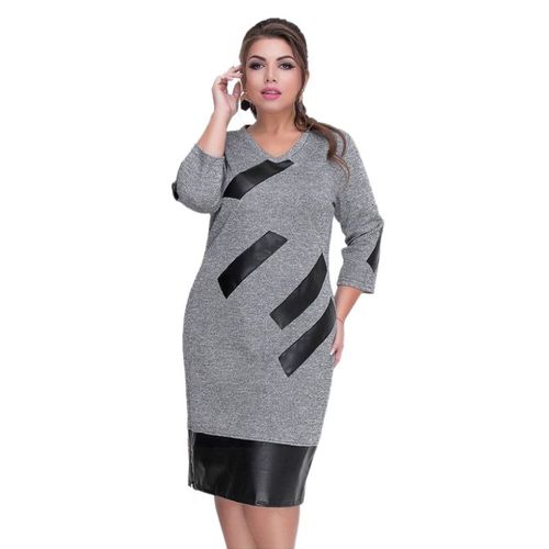 Taille Plus Femmes Robe Élégante Vêtements De Dames V Cou En Cuir Patchwork Imprimer Mince Midi Robe Bureau Travail Crayon Dress Gris 4xl