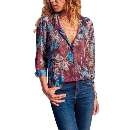 Chemisier En Mousseline Pour Femme Veste Chemisier Boutonnée Floral À Manches Longues Habillement Décontracté Lâche Impression Féminine Veste Chic Bleu L