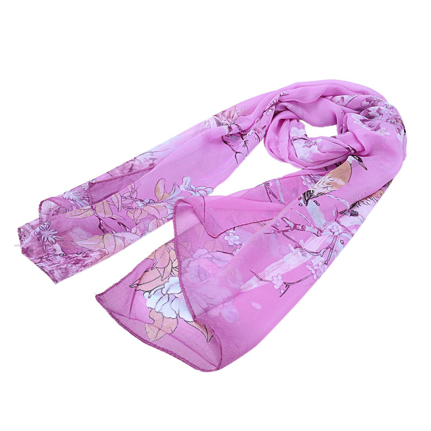 Étole Écharpe Châle En Mousseline De Soie Imprimée De Fleurs Pour Femme Dame (Taille Unique, Violet Rose)