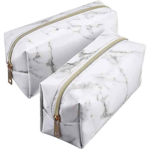 2 Pièces de Toilette Cosmétique Trousse de Maquillage Pochette Or Sac de Rangement Pour Fermeture À Glissière Motif en Marbre Maquillage Portable Brosses Sac (Blanc)