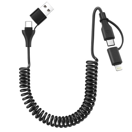 KALANKA-Multi USB Spiral Cable, 4 in 1 Universal USB Cable + 2 USB C + Lighting, Multi Tip Charger Cable Compatible with iPhone 15, Galaxy 23 22, for Huawei, Extended from 0.3 m to 0.8 m (Black)