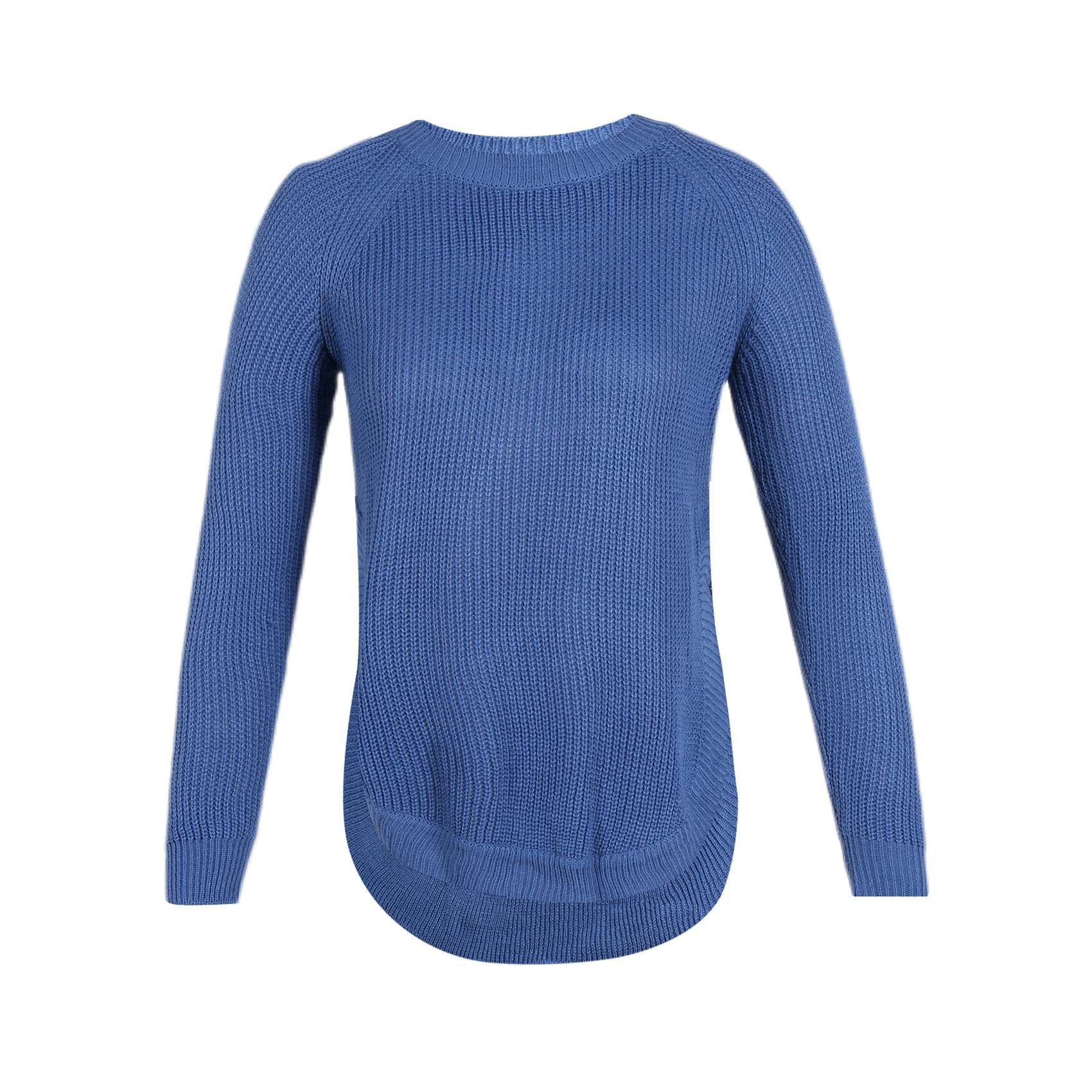 Femmes Automne Hiver Cote De Mode Haute Fente O Cou Chandail En Tricot Dames De Base Decontracte Chaud Couleur A Manches Longues Pull Pull-Over Vestes Bleu L