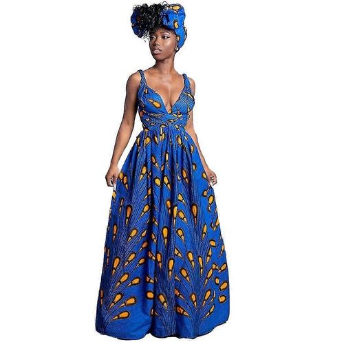 Robe Longue Africaine Sexy Pour Femme, Col En V, Multi-Positions, Plissée, Imprimé Floral - Bleu