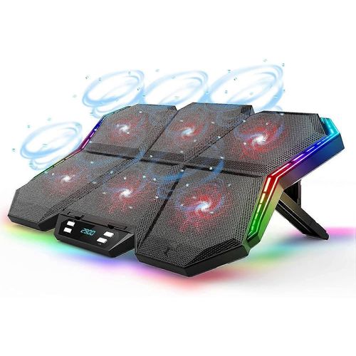 Refroidisseur pour ordinateur portable RGB 12 modes, écran LED, 6 ventilateurs réglables haute vitesse, support 7 hauteurs, 2 ports USB, compatible jusqu'à 17 pouces, 7116