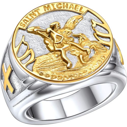 Asas-Bague Religieux Homme,Chevalière Acier Inoxydable Personnalisable,Bagues Saint Michel/Franc Maçonnerie,Plaqué Or/Noire,Taille 54-72,Bijoux Religion Vintage(Boîte Cadeau)