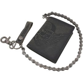 asas-Portefeuille En Cuir De Buffle Véritable-Format Portrait Ou Paysage-Avec Chaîne En Métal Et Motif Tête De Mort-Avec Protection Rfid Et Nfc-Gris Vintage,Modèle 1-Format Portrait