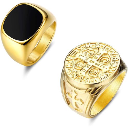 Asas-Adramata Large Chevalière Pour Homme,Acier Inoxydable,Émail Noir Et Croix Religieuse Et Couronne Sculptée Bague,Ton Or Vintage Hip Hop Rock Bague De Fiançailles Bague D'amitié Pour Homme