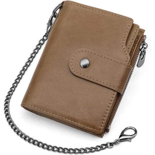 asas-Portefeuille Homme En Cuir Véritable Petit Porte Monnaie Rfid Blocage Porte Feuille Pour Homme Avec Chaîne,Bifold Portefeuille Pour Homme Avec 19 Porte Carte Crédit Et Zippée Poche À Monnaie(Café)
