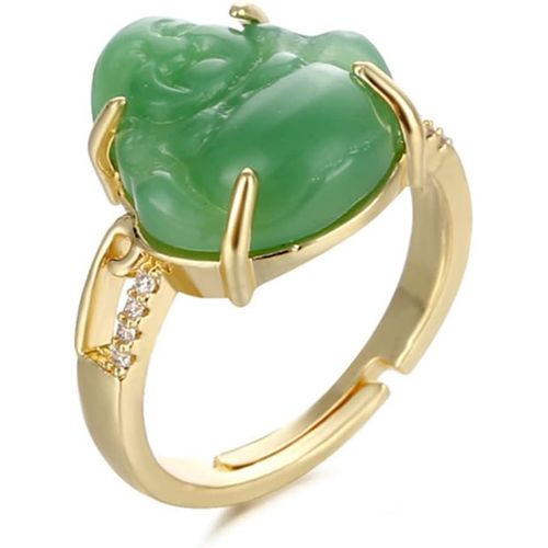 Asas-Anneau De Bouddha,Bague Bouddha Rieur Chanceux Plaqué Or 18 Carats Bague Ouverte Ajustable Bouddha Jade Blanc/Vert Bijoux Porte Bonheur Pour Femme Homme