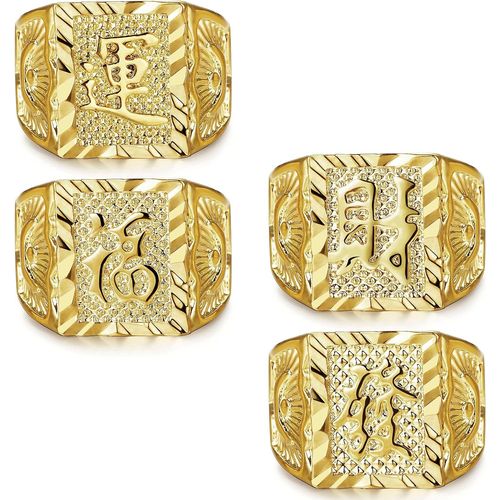 Asas-4 Pièces Bague Plaqué Or Homme Bague De Mariage Kanji Bague Riche/Chance/Richesse Ensemble De Bagues Réglables Halloween Gros Bague