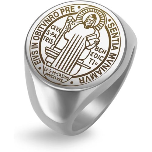 Asas-Amaxer Bague Chevalière Saint Benoît De Nursie Pour Homme Médaille Saints Protection Religieuse Amulette Acier Inoxydable Punk Bague