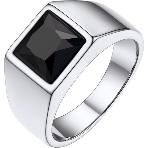 Asas-Chevalière Pour Homme Acier Inoxydable,Taille 54-72,Chevaliere Avec Zircon Pierre Carré Topaze Bleue/Onyx Noir