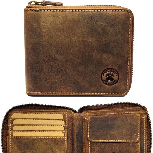 asas-Portefeuille En Cuir Veritable Pour Homme-Portefeuille Zippé Avec Fermeture Éclair-Portefeuille En Cuir-Protection Rfid-Format Paysage(Marron)