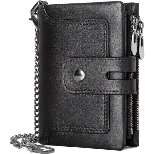 asas-Portefeuille Homme En Cuir Véritable Blocage Rfid Petit Porte Feuille Homme Avec Chaîne,Bifold Porte Monnaie Homme 15 Porte Carte Crédit Et 2 Poche Zippée,Avec Boîte Cadeau(A-Noir)