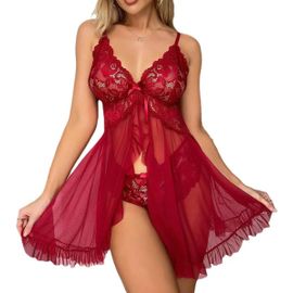 Asas-Femmes Sexy Dentelle Lingerie Ensemble Babydoll Devant Ouvert Maille Chemise De Nuit Avec Dentelle String Broderie Nuisette Femme Col V Femme 2 Pièces Tenues Coquin Transparent Body