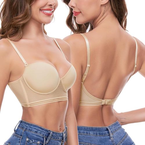 Asas-Soutien Gorge Dos Nu Femme Dentelle Soutien Gorge Invisible Deep V Push Up Sous Vêtements Femmes Dos Bas En U Brassiere Armature Avec Bandoulière Amovible Bonnet A À C