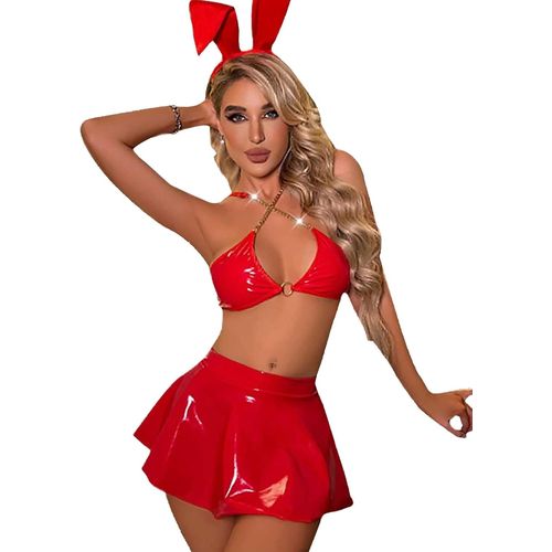 Asas-Mizspise Ensemble De Tenue Sexy Club Femme Cuir Mini Jupe Et Haut Hot Coquine Vêtements Fête Cosplay Bar Soiree Carnaval Combinaison Lingerie Courte Vacances Anniversaire Noir Rouge Rose