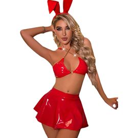 Asas-Mizspise Ensemble De Tenue Sexy Club Femme Cuir Mini Jupe Et Haut Hot Coquine Vêtements Fête Cosplay Bar Soiree Carnaval Combinaison Lingerie Courte Vacances Anniversaire Noir Rouge Rose