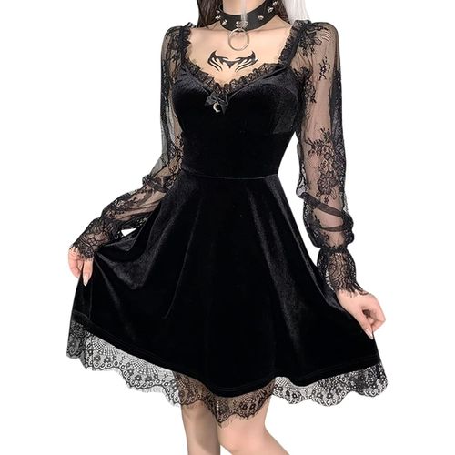 Asas-Robe Gothique Vintage Femme Mini Robes Punk Robes De Club À Manches Longues Robe De Soirée Élégante Robe Vin Rouge S