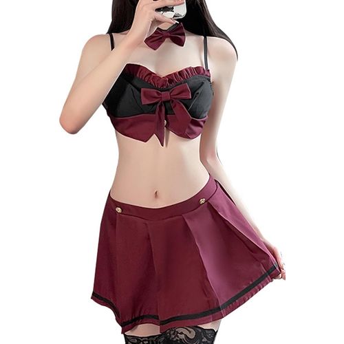 Asas-Mizspise Tenue Sexy D¿Ecoliere Lingerie Femme Uniforme D¿Etudiante Cosplay Deguisement Fille Halloween Jeu De Rôle Vêtement 4 Pieces Costume Scolaire Ensemble De Top Et Mini Jupe Plissée