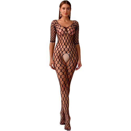 Asas-Lingerie Résille Sexy Pour Femme Gros Trou-Tenue Moulante-Bas Résille Longs-Col Rond Robe Maxi-Noir