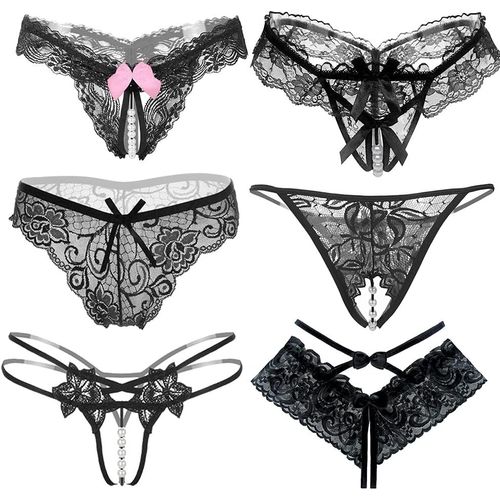 Asas-6-Packs String Crotchless Ladies With Pearl Flowers Hole Kit Femme,Lot De Culottes Dentelle Noire Sexy Strings Sous-Vêtements Avec Entrejambe Ouvert Tangas G-String Slip Lingerie V-String Panties