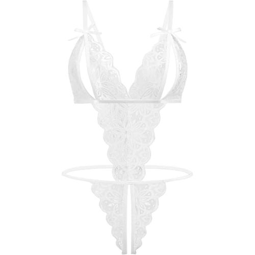 Asas-Lingerie Sexy Femme Coquine Hot Tenue Nuisette Sensuelle Dentelle Chemises De Nuit Col V Sous Vetements Feminins,Robe De Nuit Avec G-String-Blanc