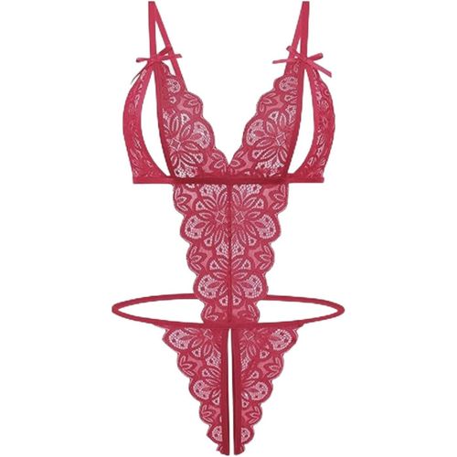 Asas-Lingerie Sexy Femme Coquine Hot Tenue Nuisette Sensuelle Dentelle Chemises De Nuit Col V Sous Vetements Feminins,Robe De Nuit Avec G-String-Rouge